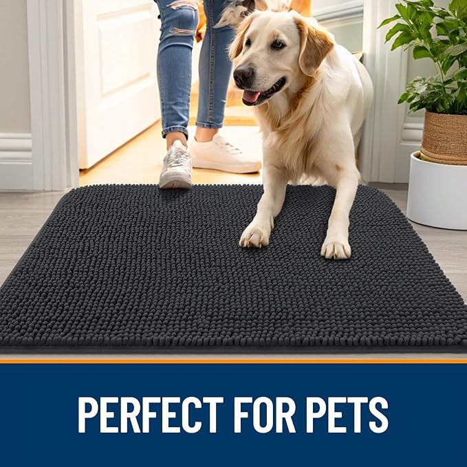 OLANLY Dog Door Mat for Muddy Paws 47x17, Absorbs Moisture and Dirt, Absorbent Non-Slip Washable Doormat, Quick Dry Chenille Mud Mat for Dogs, Entry Indoor Entryway Carpet for Inside Floor, Dark Grey