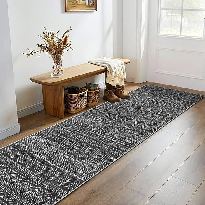 Moroccan Washable Hallway Runner Rug - 2'6"x12' Kitchen Rugs for Living Room Bedroom with Non Slip Floor Carpet Soft Low Pile Floor Mat Thin Hallway Runner Rug 2'6"x12' Black