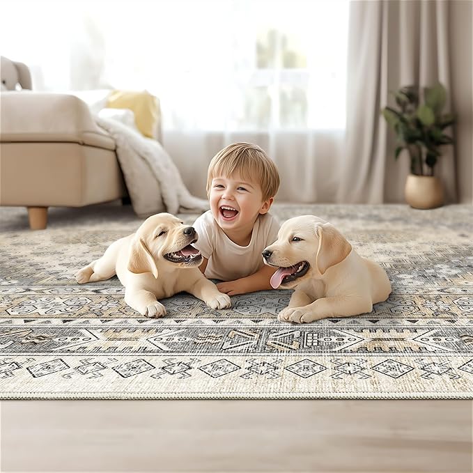 4x6 Area Rugs for Living Room, Non-Slip Backing Small Kids Rugs for Bedroom, Vintage Floral Rug Home Decor, Low Pile Soft Washable Rug for Kitchen, Dining Room (Beige,4'x6')