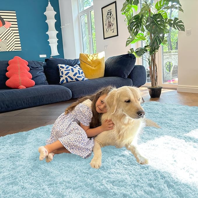 OLANLY 2x6 Machine Washable Runner Rugs for Hallway, Soft Fluffy Shaggy Bedside Rugs for Bedroom, Living Room, Indoor Floor Carpet for Kids Girls and Boys, Home Decor Aesthetic, Light Blue