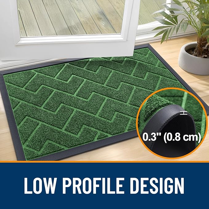OLANLY Front Door Mat Indoor Outdoor Entrance, Waterproof All-Season, All-Weather Doormat, Sturdy Natural Rubber, Low Profile, Easy Clean Patio Porch Entryway Mat, Herringbone Brick (Green, 47x23)