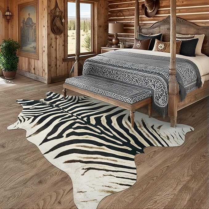 AROGAN Western Faux Fur Zebra Rug, 5.2x6.3 Feet Premium Animal Skin Print Rug, Sturdy Faux Zebra Hide Rugs for Wall Decor, Western Floor Carpet for Bedroom Living Room, Black and White