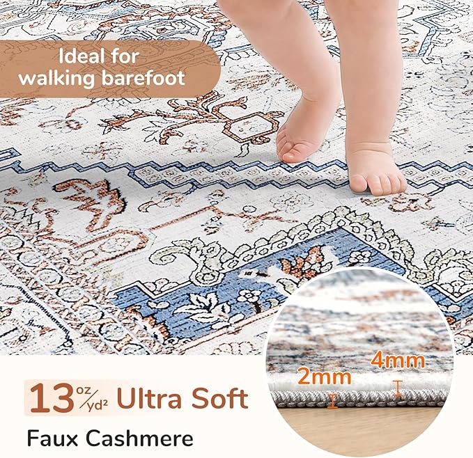 OPPODREAM Soft 10x14 Area Rugs, Neutral Washable Rugs 10x14 with Non Slip Backing, Low-Pile Faux Cashmere 10 x 14 Carpet, Cream White & Blue & Light Brown
