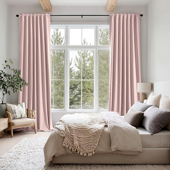 MIULEE 100% Blackout Linen Curtains for Bedroom, Pink Solid Luxury Decor Thermal Insulation Room Darkening Drapes for Living Room Nursery Back Tab Rod Pocket 42 x 72 Inches, 2 Panels