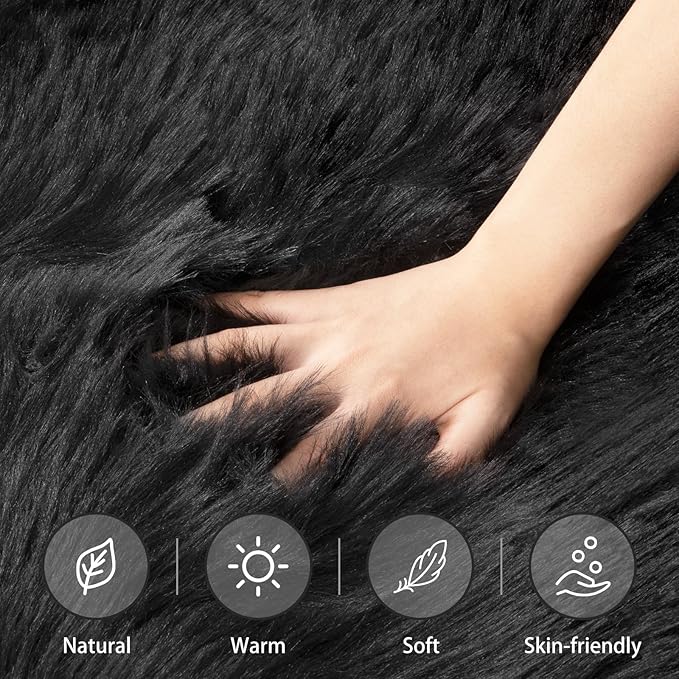 Ciicool Ultra Soft Faux Sheepskin Fur Rug Fluffy Chair Rug for Sofa Couch Seat Cushion.Shaggy Furry Small 2x4 Black Bedroom Fuzzy Carpet for Living Room Kid's Room Nursery Decor