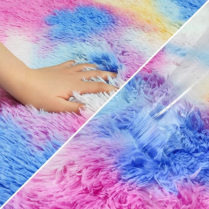 Fluffy Colorful Rug for Bedroom 3x10 ft Kawaii Tie-Dyed Area Rug Non Slip Cute Unicorn Kids Runner Rug for Girls Princess Teens Living Room Playroom Baby Nursery Decor Carpets