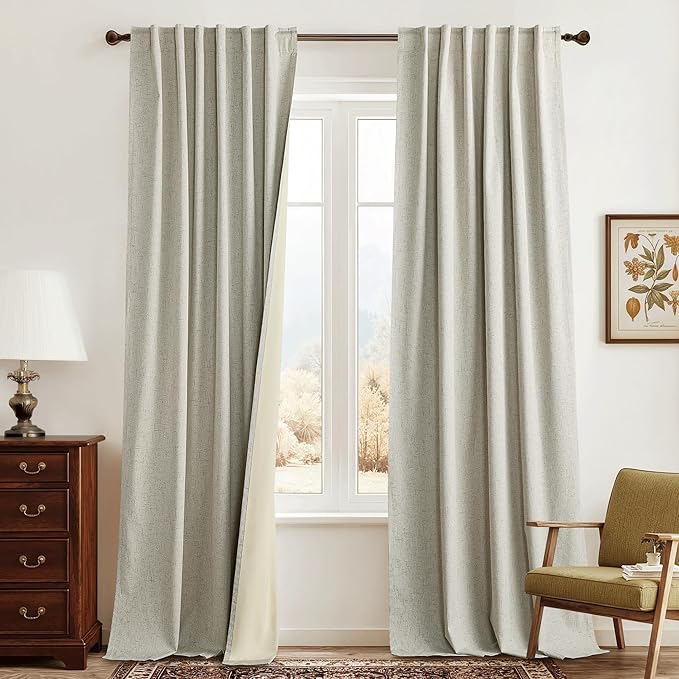 RYB HOME Beige Blackout Curtains 90 inches Long 2 Panels Set, Thermal Insulated Total Light Blocking Noise Reducing Neutral Linen Drapes for Living Room Nursery Office, 52" W x 90" L