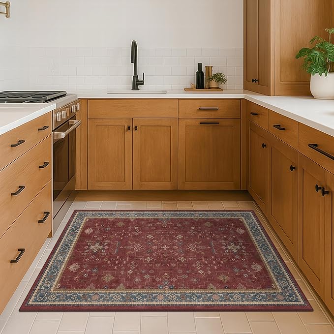 Washable 3x6 Entry Way Rugs Indoor - Burgundy Large Kitchen Rug, Non Slip Unique Bohemian Red Low Pile Thin Carpet for Bedroom Bedside, Foyer