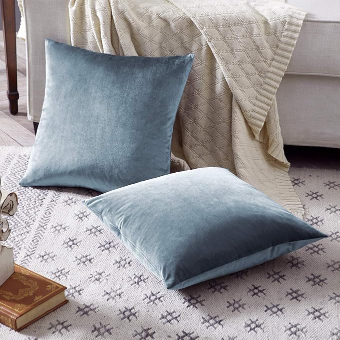 GIGIZAZA Stone Blue Velvet Decorative Throw Pillow Covers 18x18 for Sofa Living Room Soft Couch Pillow Cover Pack of 2