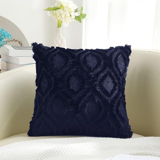 decorUhome Summer Throw Pillow Covers 26x26 Inch Set of 2, Soft Plush Faux Wool Navy Blue Solid Couch Pillow Covers, Accent Euro Sham Farmhouse Neutral Square Pillow Cases for Sofa Bed Living Room