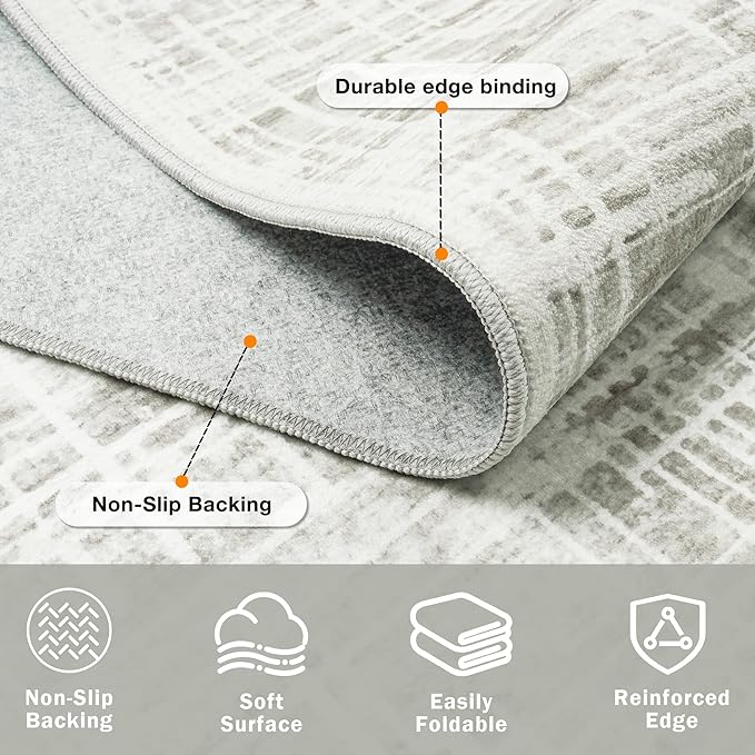 6x9 Area Rugs Washable Rug: Anti-Skid Abstract Modern Living Room Rug Soft Thin Carpets Indoor Floor Non-Shedding Carpet for Bedroom Dining Farmhouse Nursery Home Office (White Gray, 6'x9')