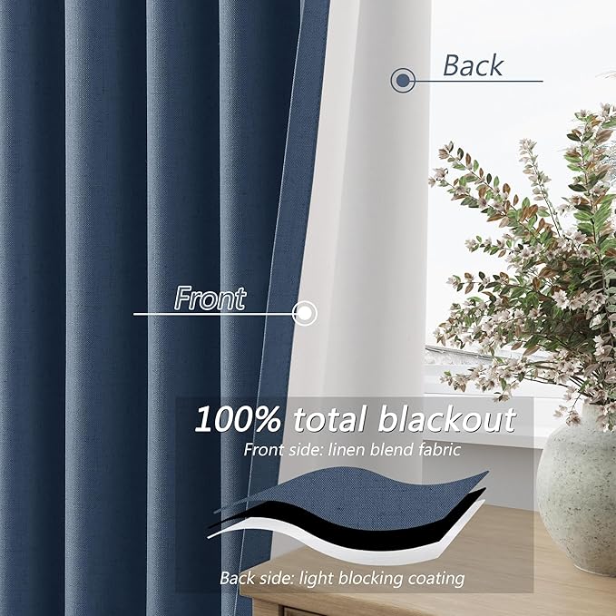 Guken 100% Blackout Curtains 108 Inch Length 2 Panels Set for Living Room Bedroom Back Tab Thermal Insulated Black Out Linen Drapes Room Darkening Window Curtains 108 Inches Long,Denim Blue