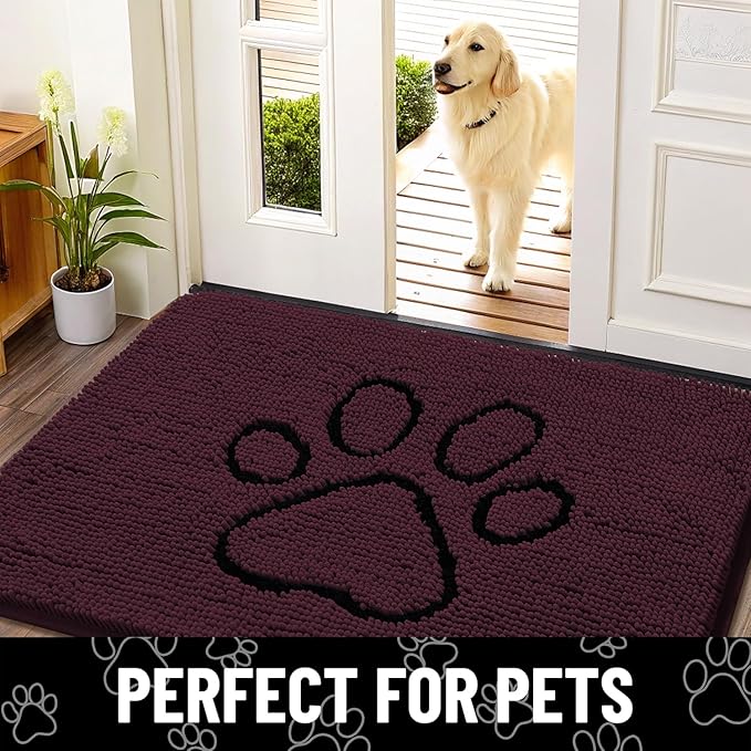 Smiry Dog Door Mat for Muddy Paws, Absorbent Dirt Trapper Non Slip Quick Dry Washable Chenille Mat for Mud Dogs, Entry Rug for Indoor and Outdoor (30x20 Inches, Russet and Black)
