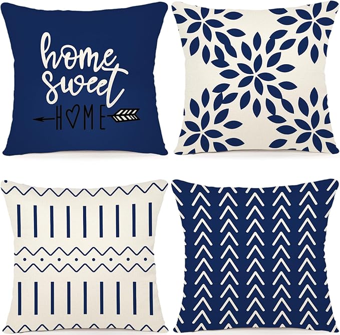 YCOLL Pillow Covers 22x22 Set of 4, Modern Sofa Throw Pillow Cover, Decorative Outdoor Linen Fabric Pillow Case for Chair Sofa Couch Bed Car, Dark Blue