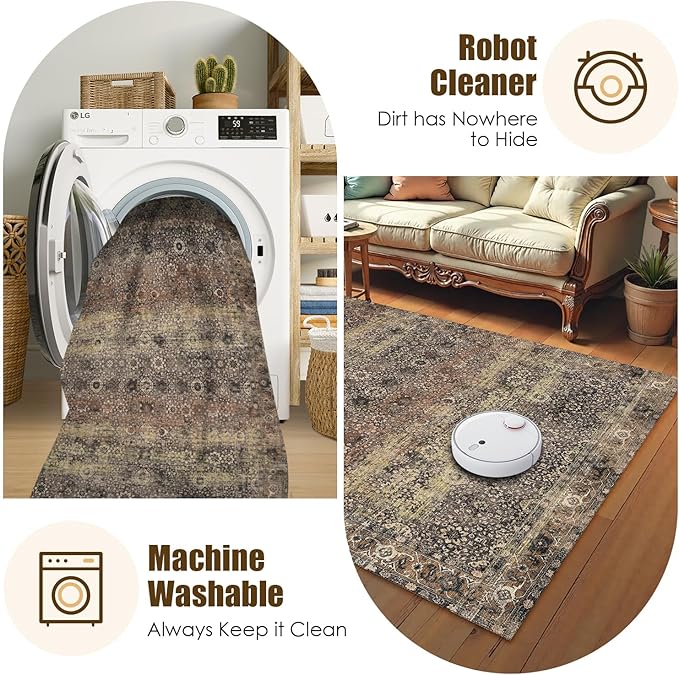 Washable Area Rug 6' x 9' Vintage Traditional Persian Mat - Foldable Distressed Non-Slip Machine Washable Carpet for Living Room Bedroom Kitchen Home Decor - Umber and Slate