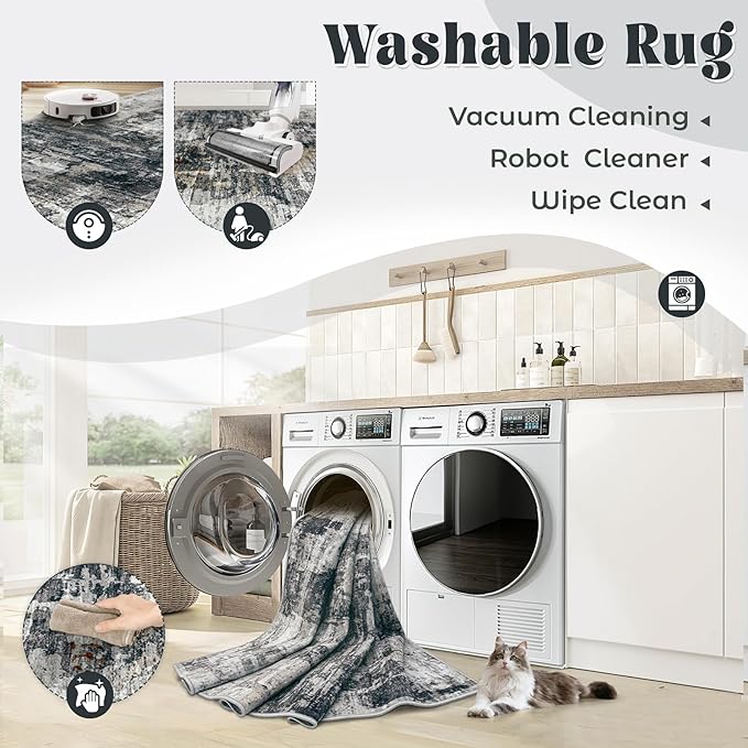 XLUEZ 8x10 Area Rugs for Living Room, Washable Modern Abstract Large Area Rug Neutral Soft Non Slip Kids Rug Stain Resistant Indoor Carpet for Bedroom Nursery Dining Room Playroom(BlackGrey, 8'x10')