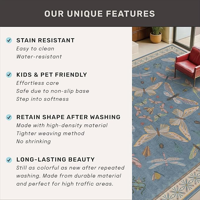 Hazo Haus Boho Non Slip Kitchen Rug Runner - 2x5 Blue Washable Thin Rug for Bathroom, Laundry Room, Hallway, Non Slip with Rubber Backing, Insect Print Unique Runner