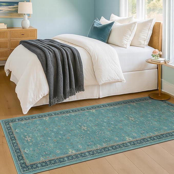 Hazo Haus Boho 2x6 Non Slip Kitchen Rug Runner - Teal Washable Rug for Bathroom, Laundry Room, Hallway, Non Slip with Rubber Backing, Floral Aqua Blue Unique Runner Décor