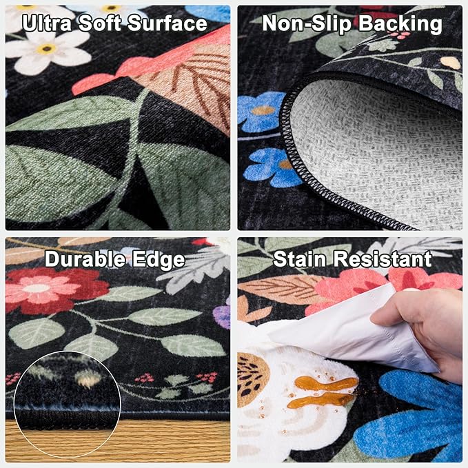 Area Rug Living Room Rugs: Floral 4x6 Washable Rug Vintage Soft Boho Non-Slip Carpet Indoor Floor Stain Resistant Large Carpets for Bedroom Dining Room Farmhouse Nursery Hallway Home Office Black