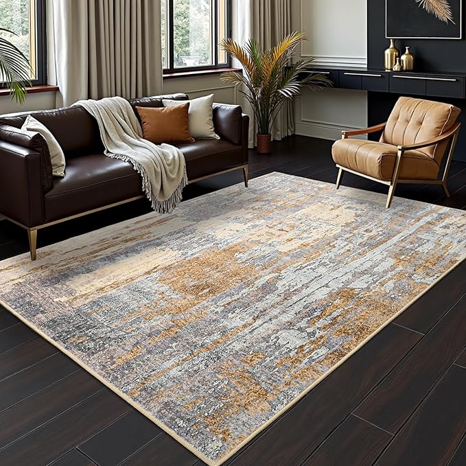 Toneed Abstract Area Rug Modern Washable Rug Soft Non Slip Rug Low Pile for Bedroom Living Room Dining Room Camel 6x9 Feet