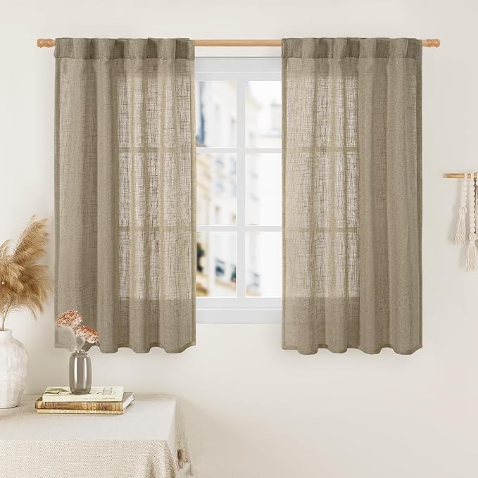 LAMIT Taupe Linen Curtains 45 Inch Length 2 Panels, Light Filtering Panels Back Tab and Rod Pocket Country Decor Drapes for Kitchen/Window/Loft Room/Bedroom, 34 x 45 Inch