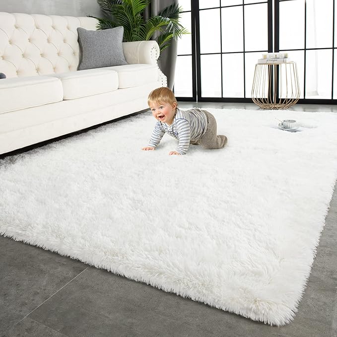 TWINNIS Super Soft Shaggy Rugs Fluffy Carpets 8x10 Feet, Indoor Modern Plush Area Rugs for Living Room Bedroom Kid Room Nursery Home Decor, Upgrade Anti-Skid Rectangular Fuzzy Rug, Cream White