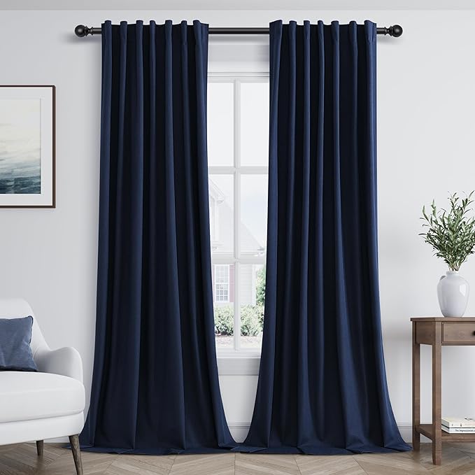 Guken Navy Blue 100% Blackout Curtains 96 Inch Length 2 Panels Set for Living Room Bedroom Back Tab Thermal Insulated Black Out Linen Drapes Room Darkening Window Curtains 96 Inches Long