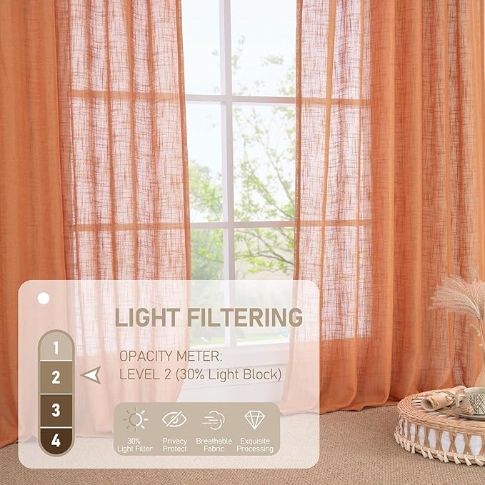 LAMIT Burnt Orange Linen Curtains for Bedroom, 72 Inch Length Light Filtering Semi Sheer Panels Back Tab and Rod Pocket Neutral Drapes for Living Room, 2 Panels, 34 x 72 Inch