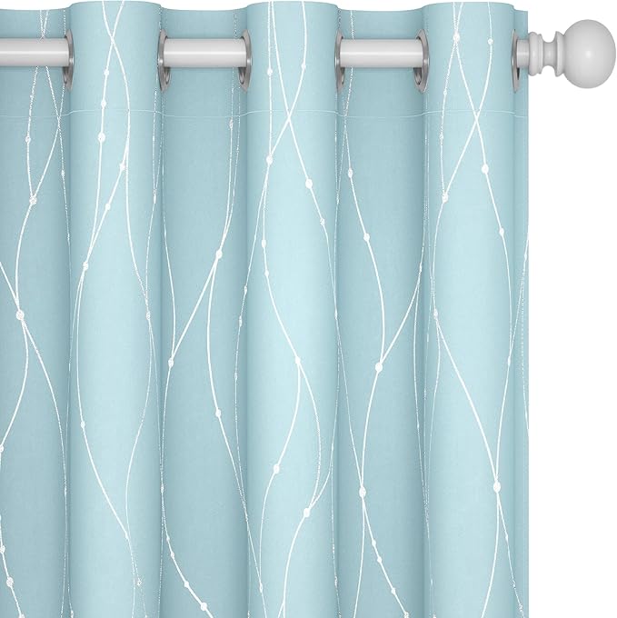Deconovo Blackout Curtains, Thermal Insulated Soundproof Grommet Drapes, Wave Dot Foil Print, 52 x 45 Inch, Set of 2, Machine Washable Window Panel for Bedroom Living Room Nursery Kitchen, Light Blue