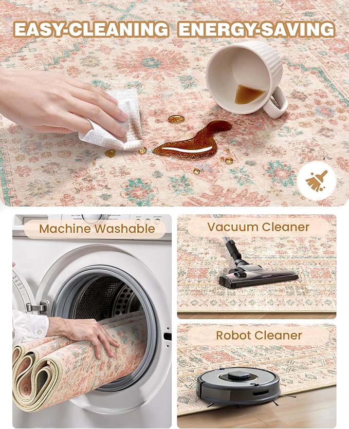 Runner Rug 2x10, Ultra-Thin Kitchen Rugs Non Slip Washable Rugs for Entryway Rug, Kitchen Runner Low Pile Vintage Soft Carpets for Living Room, Bathroom Bedroom (Pink,2'x10')