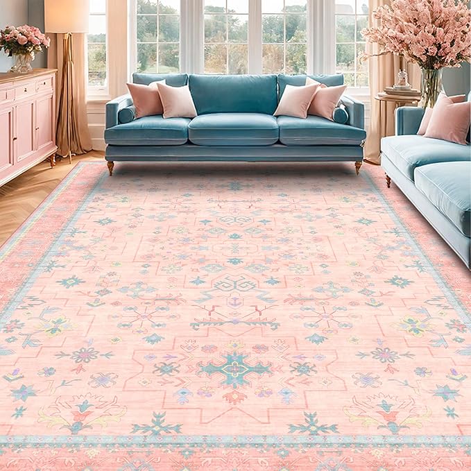 Washable Pink and Blue 8x10 Oushak Rugs for Bedroom Girls Dorm Living Room, Modern Floral Aethestic Distressed Design, Soft Faux Wool Low Pile Non Slip Stain Resistance Carpet