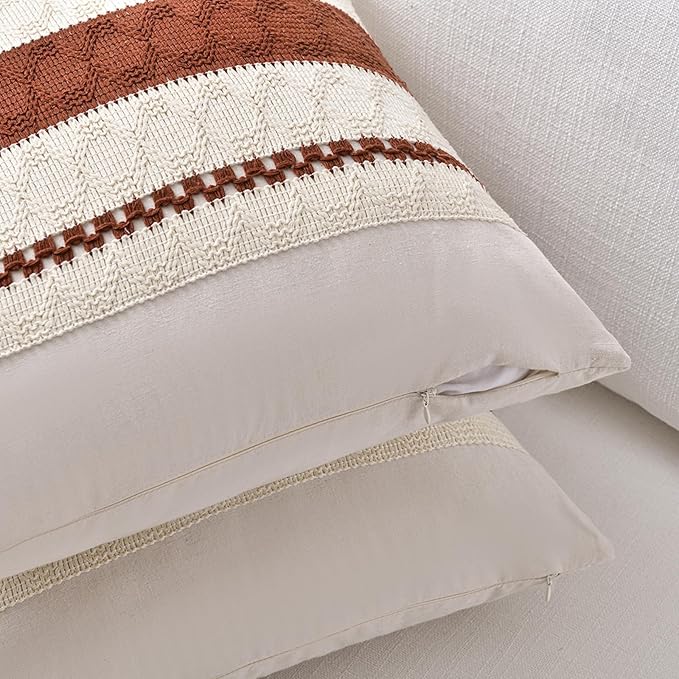 Fancy Homi Set of 1 Rust Boho Long Lumbar Decorative Throw Pillow Cover 12x20 Inch for Couch Bed Sofa, Aesthetic Modern Organic Fall Room Decor, Soft Cotton Cute Terracotta Farmhouse Cushion Case