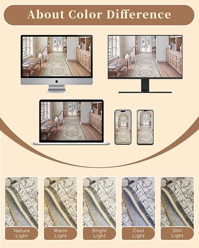 Madane Hallway Runner Rug 2'6''x16' Kitchen Runner - Non Slip Vintage Runners for Hallways Washable Kitchen Rugs Soft Low Pile 2.5x16 ft Rug Runner for Laundry Room, Entryway and Bedroom, Ivory/Brown