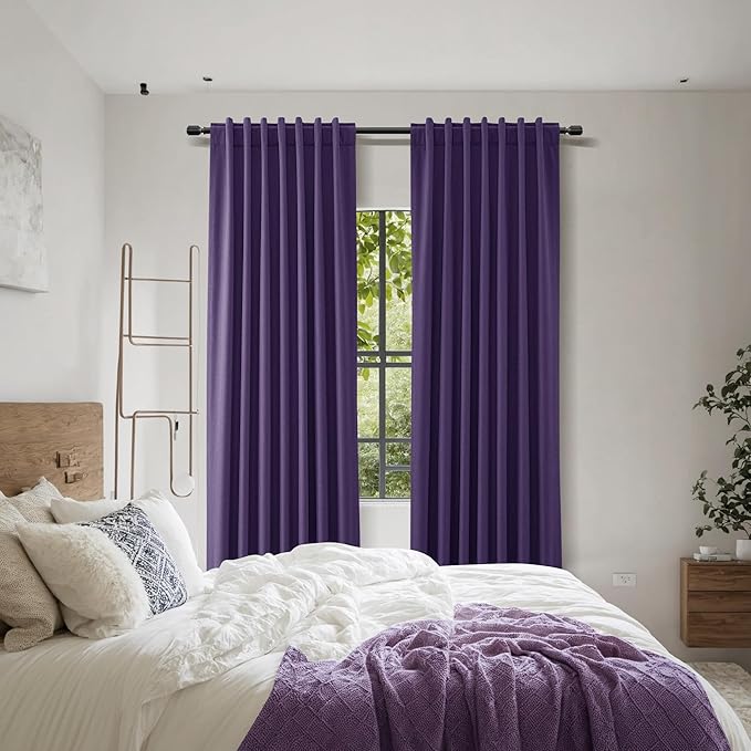Guken 100% Blackout Curtains 108 Inch Length 2 Panels Set for Living Room Bedroom Back Tab Thermal Insulated Black Out Linen Drapes Room Darkening New Purple,52x108