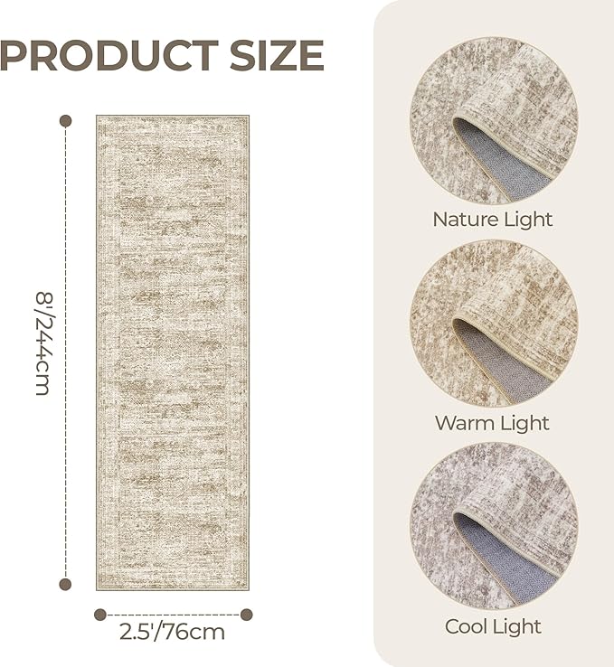 Kitchen Runner Rug Non Slip - 2.5 x 8 Runners for Hallways, Entryway, Bedroom, Washable Runner Rugs for Bathroom, Laundry Room, Low Pile Soft Vintage Area Rug(2.5'x8', Brown/Ivory)