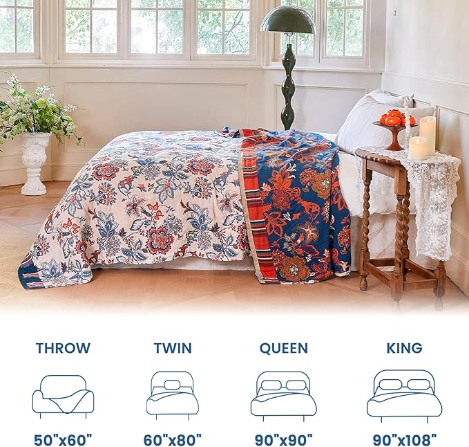 MSGKV Boho Throw Blanket 90"x108" 100% Cotton Floral Blanket for Bed Spring Breathable Lightweight King Blankets All Seasons Home Decor Muslin