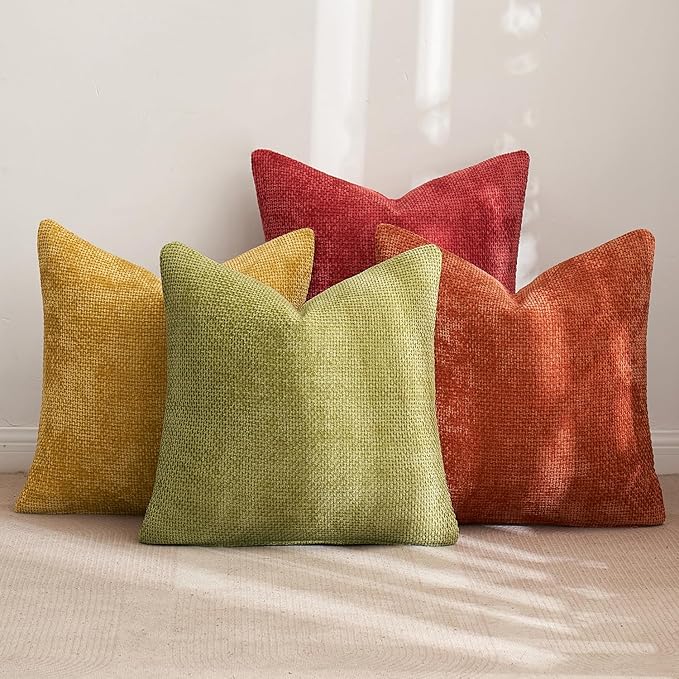 MIULEE Pack of 4 Burnt Orange Couch Throw Pillow Covers 16x16 Inch Yellow Green Soft Decorative Chenille Pillows Farmhouse Accent Cushions for Boho Home Decor Spring Sofa Bedroom Living Room