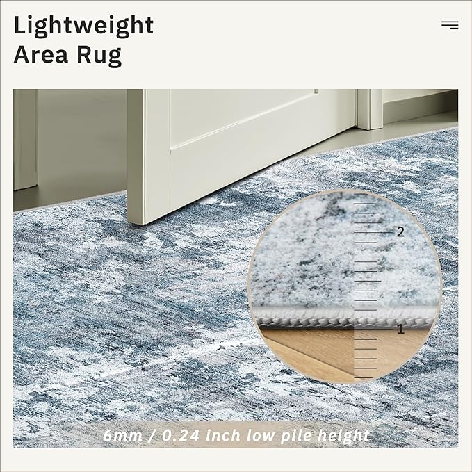 Washable Area Rug 8x12, Large Soft Rugs for Living Room Vintage Blue/Grey Carpet 8x12 Area Rugs for Bedroom Dining Room Non-Slip Stain Resistant Under Table Rug