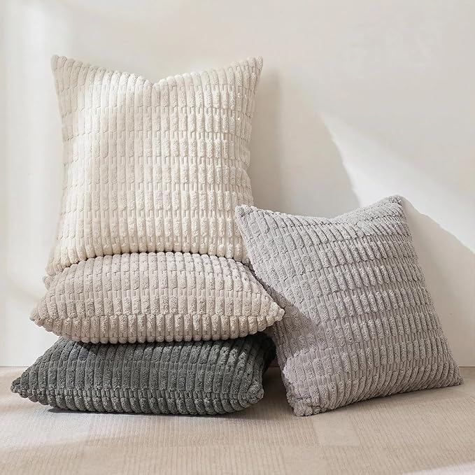Fancy Homi Set of 4 Grey and White Boho Decorative Throw Pillow Covers 26x26 Inch for Couch Bed Sofa, Aesthetic Modern Bohemian Room Decor, Fuzzy Fluffy Cozy Corduroy Textured Cushion Case 66x66cm
