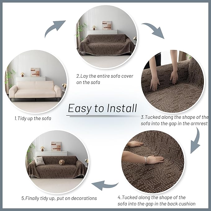 MYSKY HOME Boho Couch Cover Deep Chocolate Sofa Covers Washable, Farmhouse Sofa Slipcover Simple Couch Protector for Dogs Chenille Sectional Couch Covers L Shaped Couch Cushion Covers, 91"x 134"