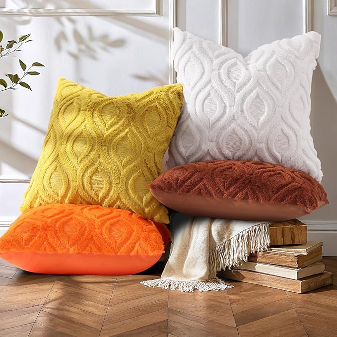 decorUhome Summer Throw Pillow Covers 20x20 Inch Set of 2, Soft Plush Faux Wool Mustard Yellow Solid Couch Pillow Covers, Accent Farmhouse Neutral Square Pillow Cases for Sofa Bed Living Room