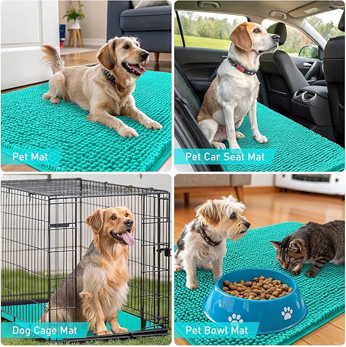 OLANLY Dog Door Mat for Muddy Paws 59x35, Absorbs Moisture and Dirt, Absorbent Non-Slip Washable Doormat, Quick Dry Chenille Mud Mat for Dogs, Entry Indoor Entryway Carpet for Inside Floor, Teal