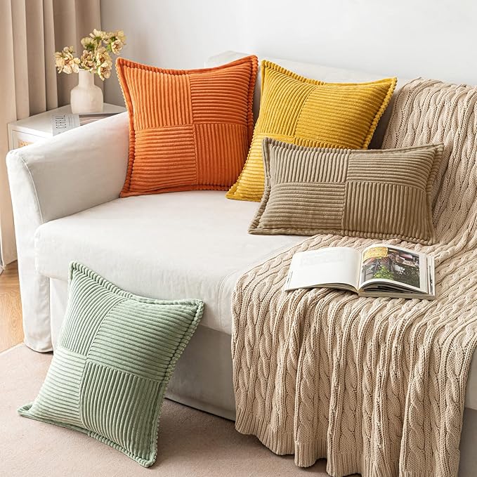 MIULEE Decorative Throw Pillow Covers for Couch Bed Livingroom 18x18 Inch Set of 2 Khaki Boho Accent Throw Pllows Broadside Striped Patchwork Soft Corduroy Pillowcases