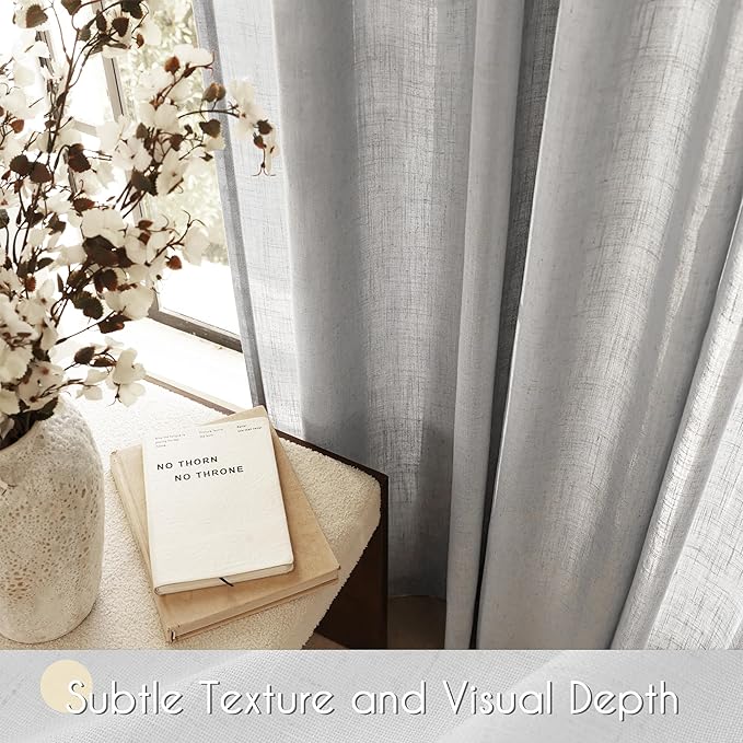 Linen Blend Grey Curtains for Living Room Back Tab Modern Farmhouse Semi Sheer Light Gray Curtains 96 inches Long 2 Panels Set Muted Neutral Cotton Texture Window Curtain for Dining Room Bedroom