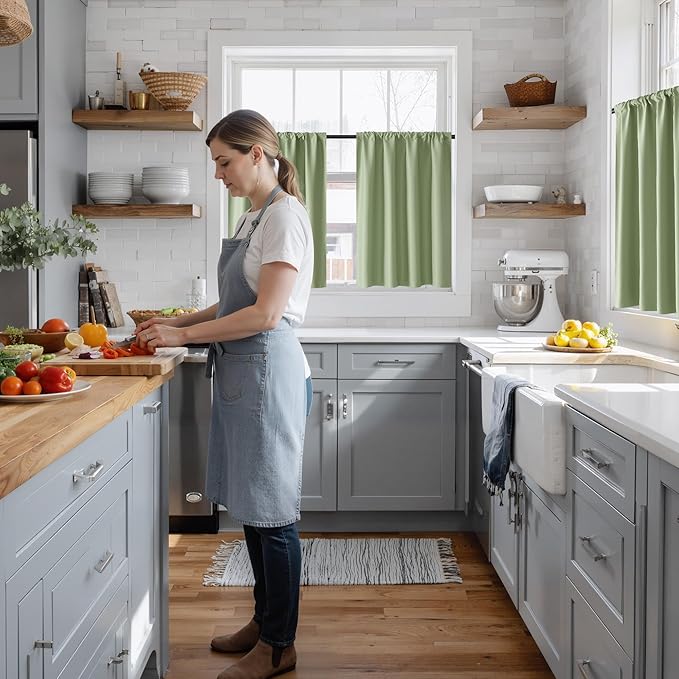 RYB HOME 100% Blackout Short Curtains for Small Window, Thermal Insulated Total Room Darkening Noise Reducing Curtains for Kitchen Bathroom Basement, 34 inches Wide by 48 inches Long, Sage Green