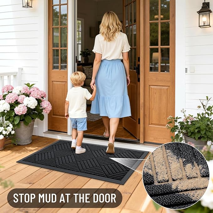 OLANLY Front Door Mat Outside Entrance 71x47, Absorbent, Heavy Duty Sturdy Natural Rubber Doormat Indoor Outdoor, Stain and Fade Resistant, Non-Slip Low Profile Floor Mat for Entryway, Black Diamond