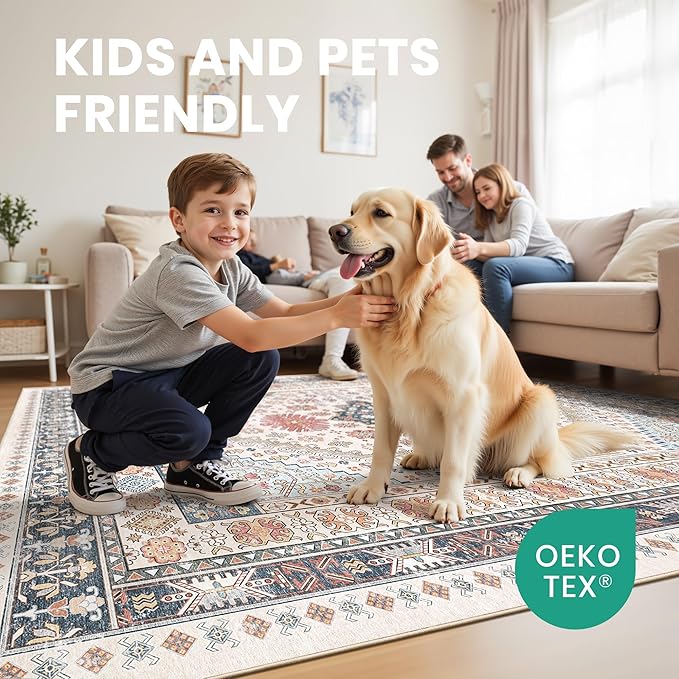 zesthome 10x14 Area Rugs for Living Room,Non-Slip Backing Washable Rugs,Vintage Large Area Rug，Stain Resistant Home Decor Rug (Multi,10'x14')