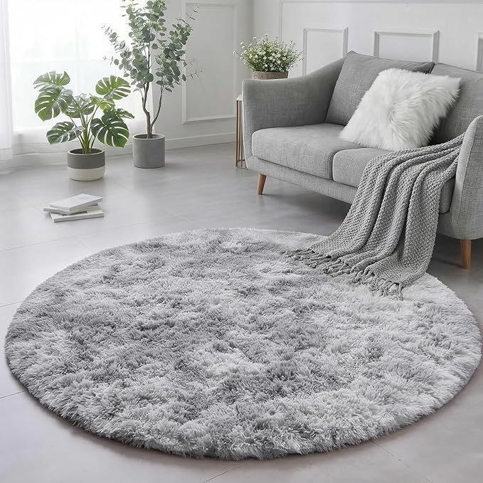 Amdrebio Tie-Dye Light Grey Round Circle Area Rugs 5Ft for Living Room Bedroom, Soft Fluffy Fuzzy Shag Rug for Kids Room Home Office, Furry Plush Indoor Floor Shaggy Gray Carpet for Baby Nursery Dorm