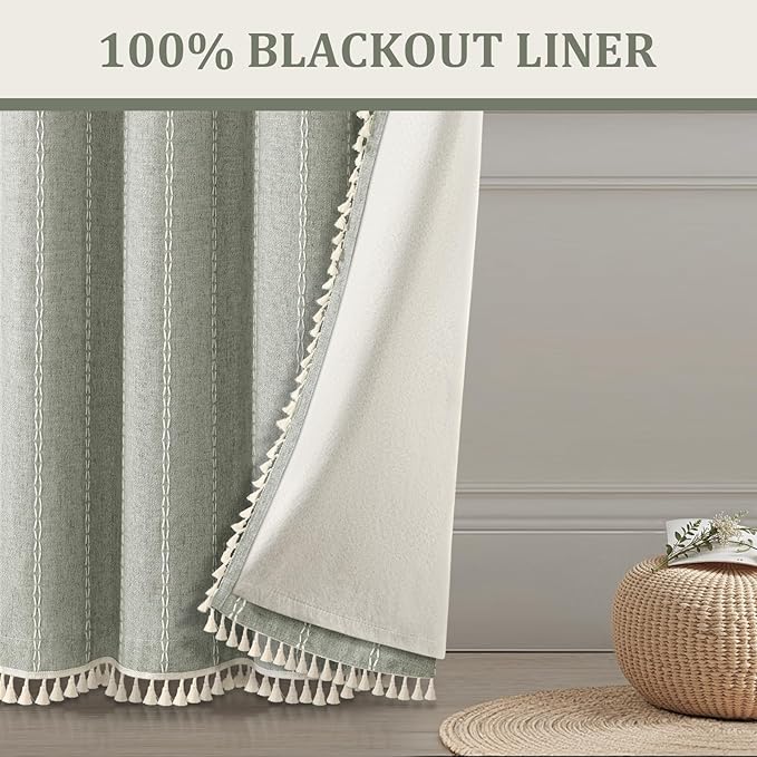 Sage Green Boho Blackout Curtains 2 Panels 84 Inch for Living Room Bedroom, Linen Texture Farmhouse Curtains with Tassels and White Cotton Embroidery Vintage Rustic Country Western