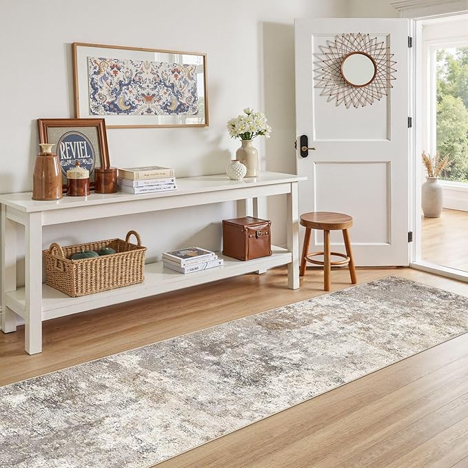 UERMEI 2X10 Washable Runner Rug for Hallway: Soft Neutral Modern Abstract Area Rug - Non-Slip Low Pile Long Throw Indoor Carpet for Kitchen Entryway Kitchen Bedroom Laundry - Brown Grey